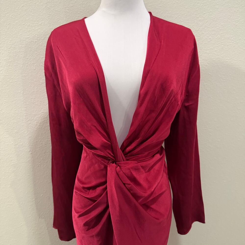 Mango Red Burgundy Satin Knot Front Maxi Dress Deep V Long Sleeve Sexy Cocktail - Picture 5 of 10
